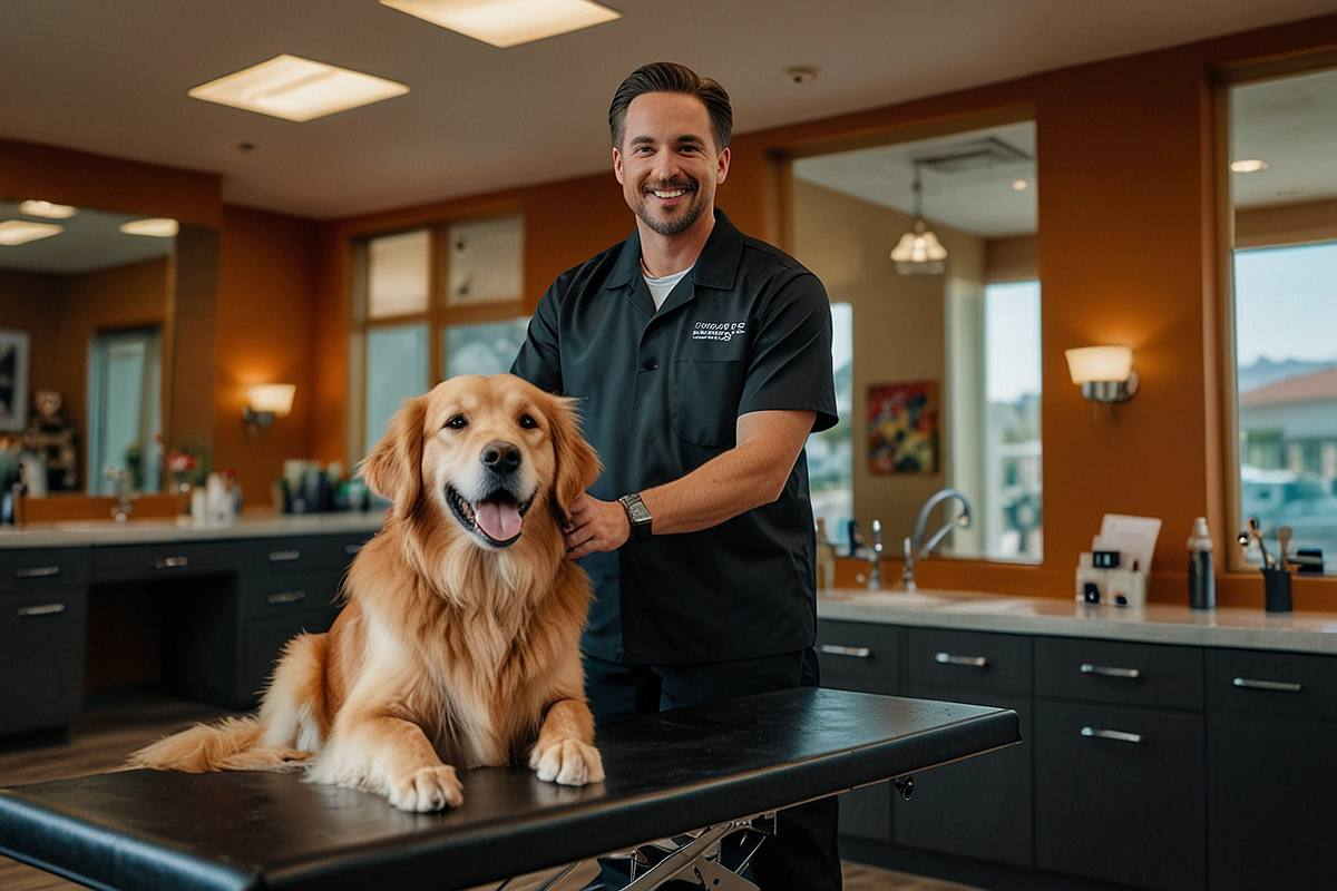 Dog grooming salon in Albuquerque NM with professional groomer and golden retriever