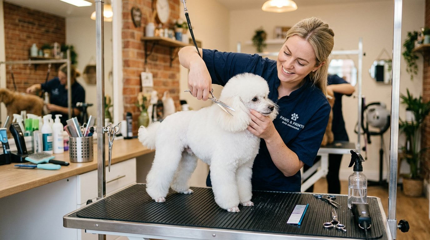 Professional dog groomer styling a poodle in Baton Rouge salon