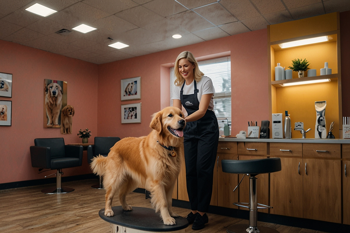 Professional dog groomer working with a happy dog in a Cincinnati grooming salon — HeiBob