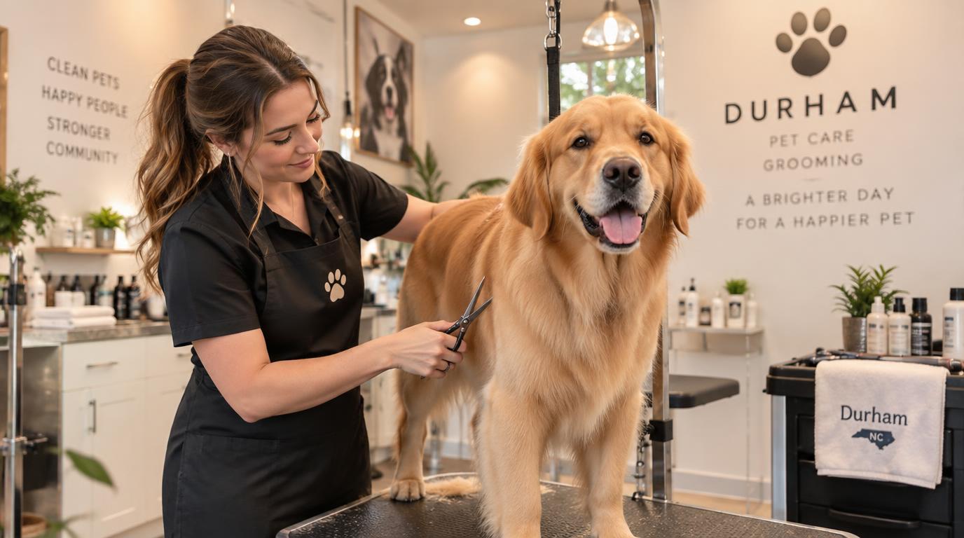 Dog groomer with golden retriever in Durham NC salon — HeiBob
