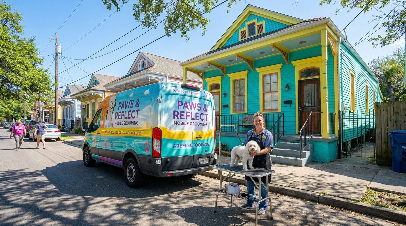 Mobile dog grooming van in New Orleans neighborhood outside colorful NOLA shotgun house