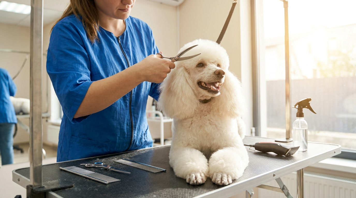 Dog groomer carefully trimming fluffy white poodle in bright clean New Orleans pet salon