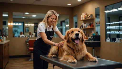 Professional dog groomer trimming golden retriever in San Antonio TX salon