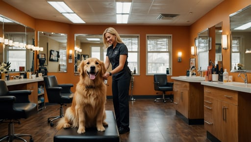 Dog grooming salon interior San Antonio TX with grooming table and professional equipment
