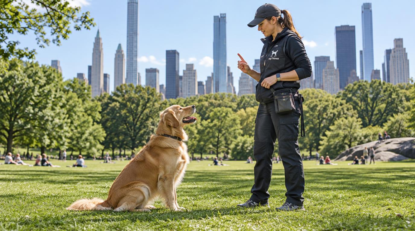 NYC dog trainer working with a golden retriever in Central Park, New York — HeiBob
