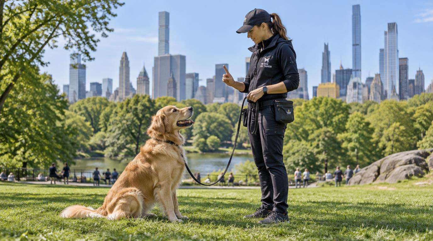 Professional dog trainer working with golden retriever in Central Park, New York City — HeiBob