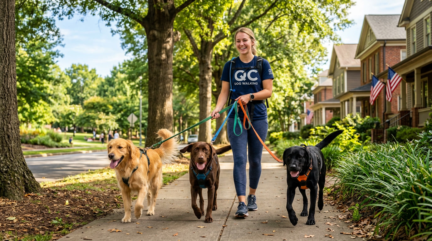 Dog walker walking dogs in Charlotte NC neighborhood 2026