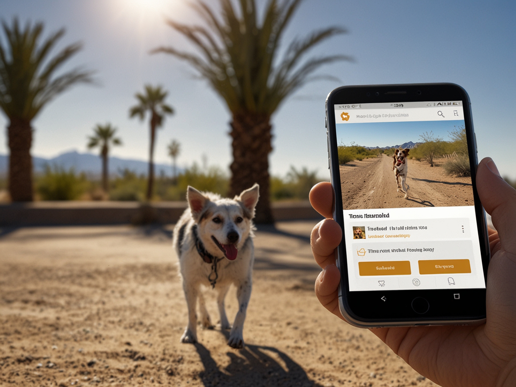Person using dog walking app on smartphone with dog on Phoenix desert trail — HeiBob