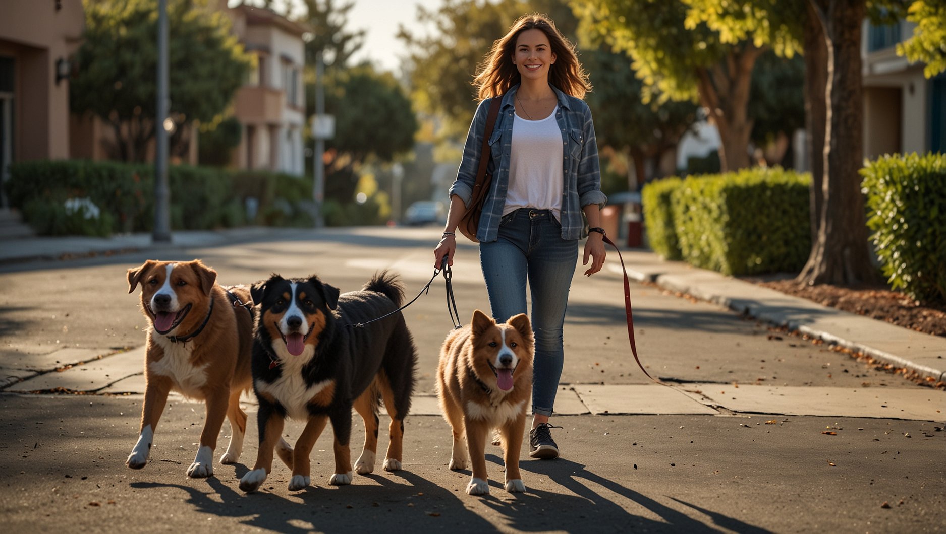 Professional dog walker service walking three dogs in San Diego CA — HeiBob