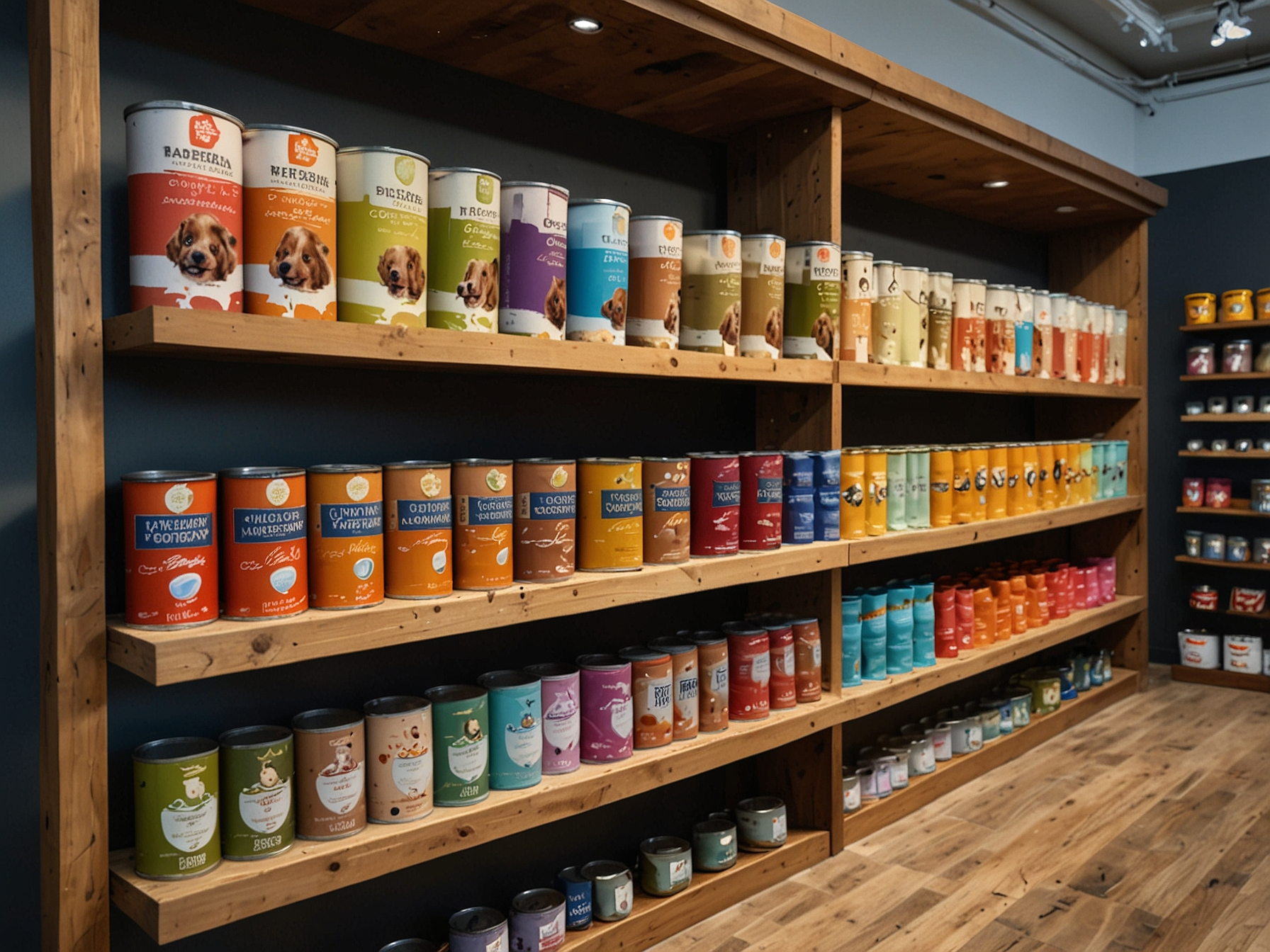 Colorful pet food and supply products on shelves at a Houston boutique pet store
