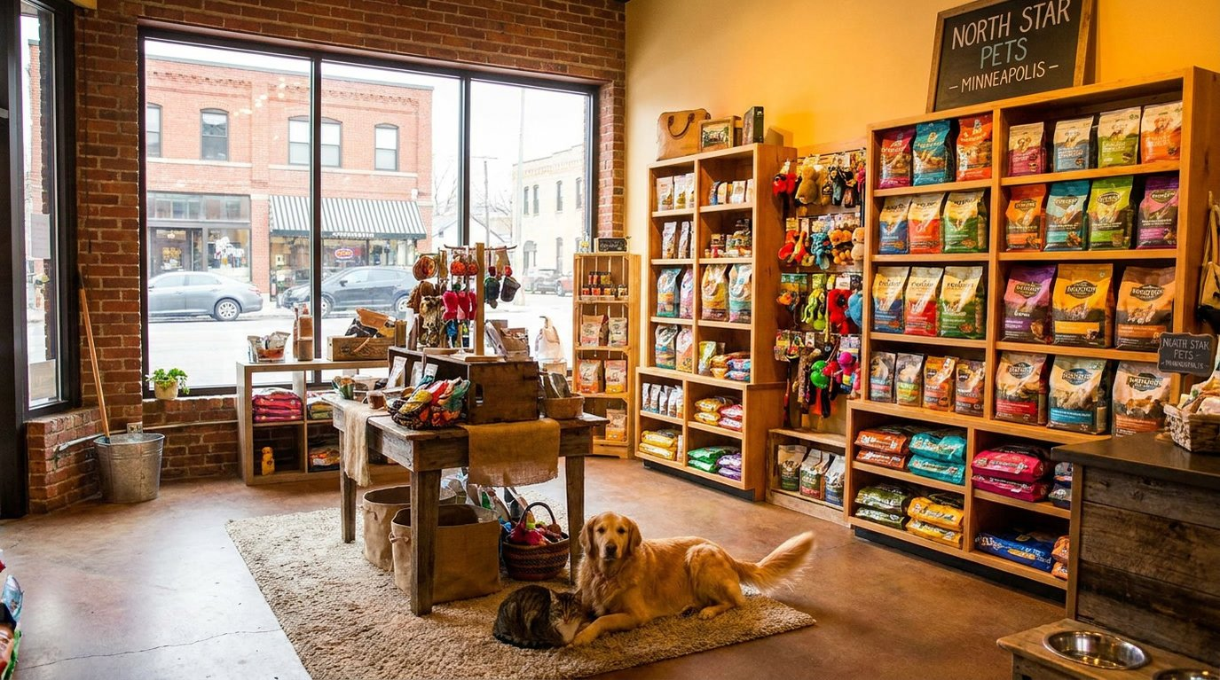 Pet shop interior in Minneapolis with shelves of pet supplies — HeiBob