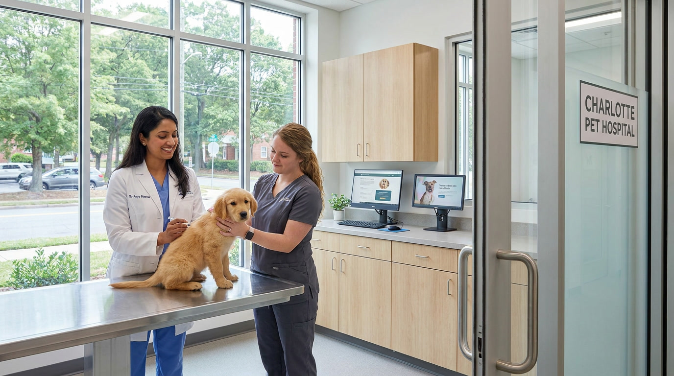 Veterinarian examining a puppy at a modern veterinary clinic in Charlotte NC
