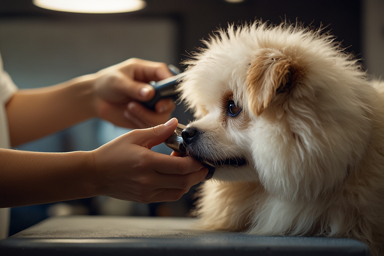 Professional dog groomer trimming dog coat in Cleveland salon — HeiBob