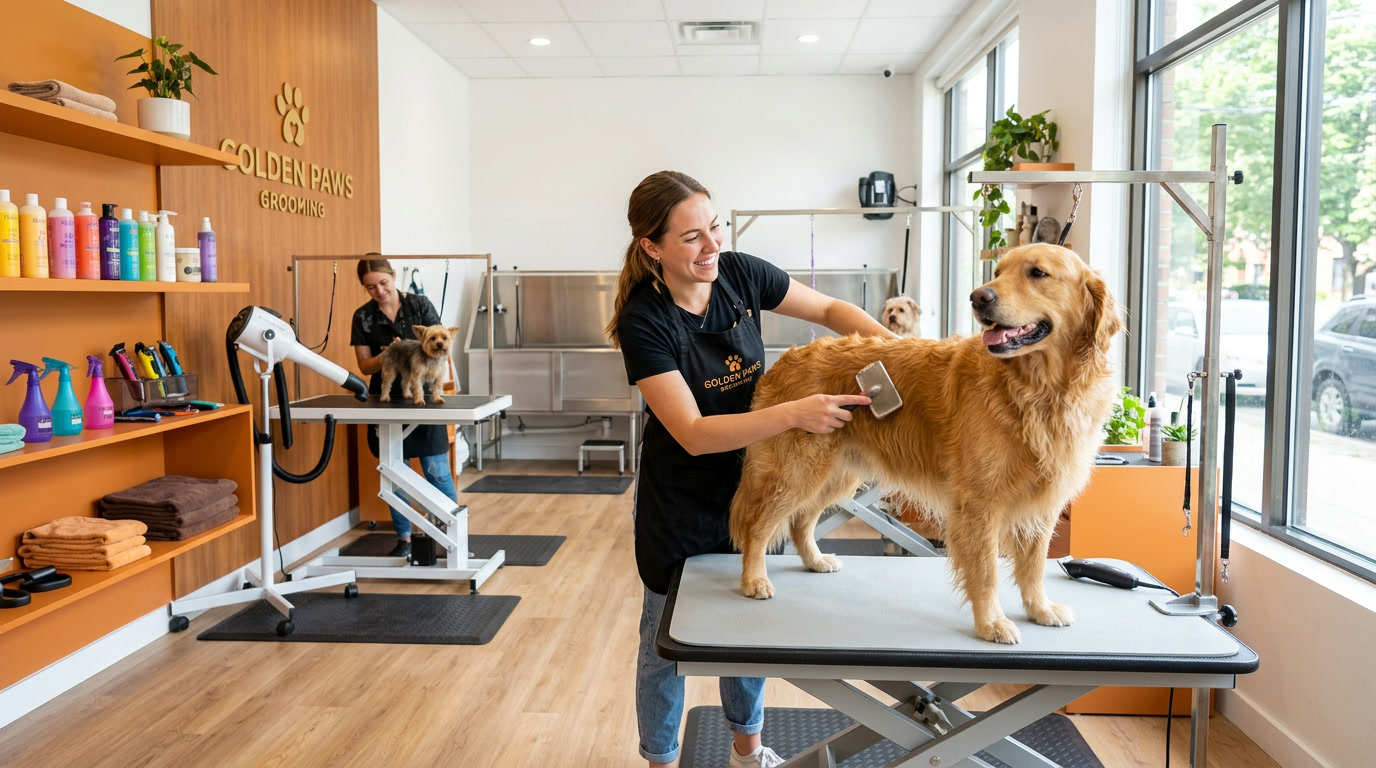 Mobile dog grooming van in St. Louis MO neighborhood