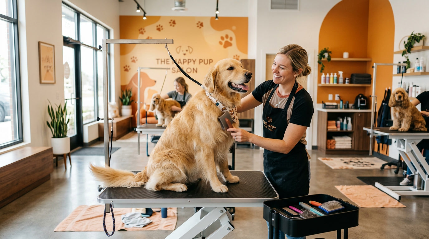Happy dog after professional grooming session at a St. Louis pet salon