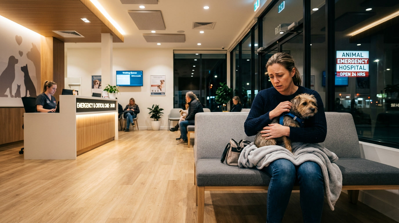 Pet owner waiting in emergency animal hospital with small dog — HeiBob
