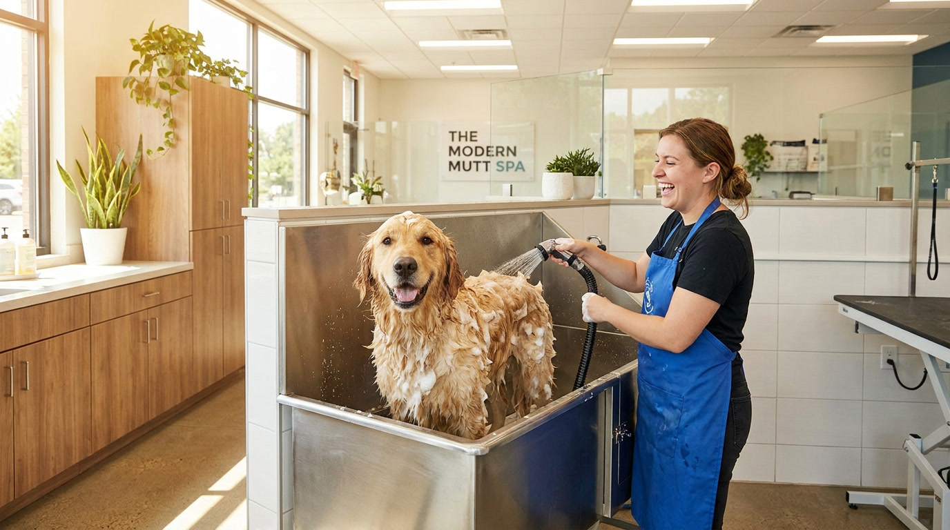 Golden retriever being bathed at a professional Tulsa dog grooming salon