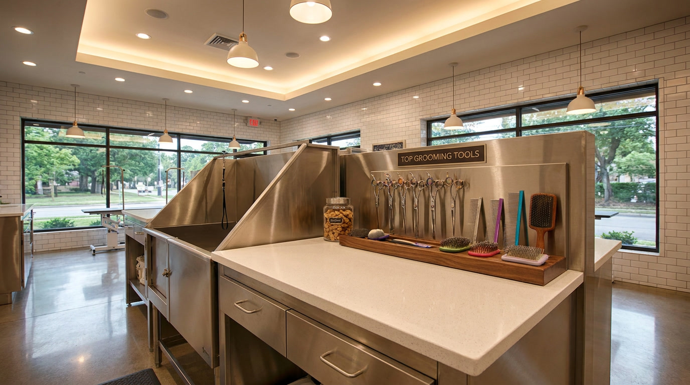 Professional dog grooming station with tools and scissors at a Tulsa pet salon