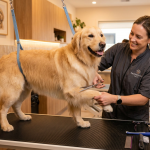 Professional dog groomer grooming a golden retriever — How much does dog grooming cost in 2026 — HeiBob
