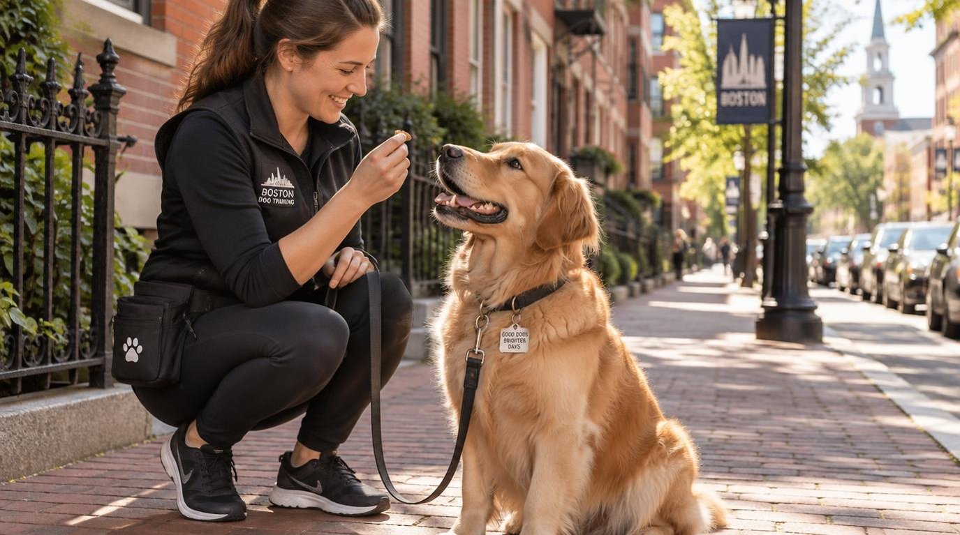 Dog training session with a professional trainer and golden retriever — HeiBob