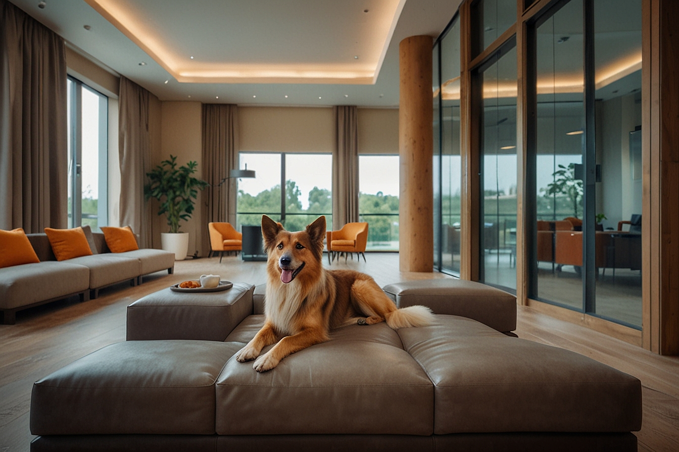 Dog relaxing at luxury pet hotel boarding suite — HeiBob
