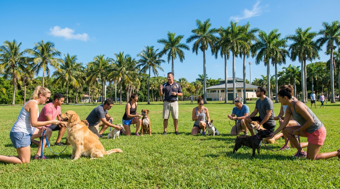 Group dog training class outdoors in Miami, FL — HeiBob
