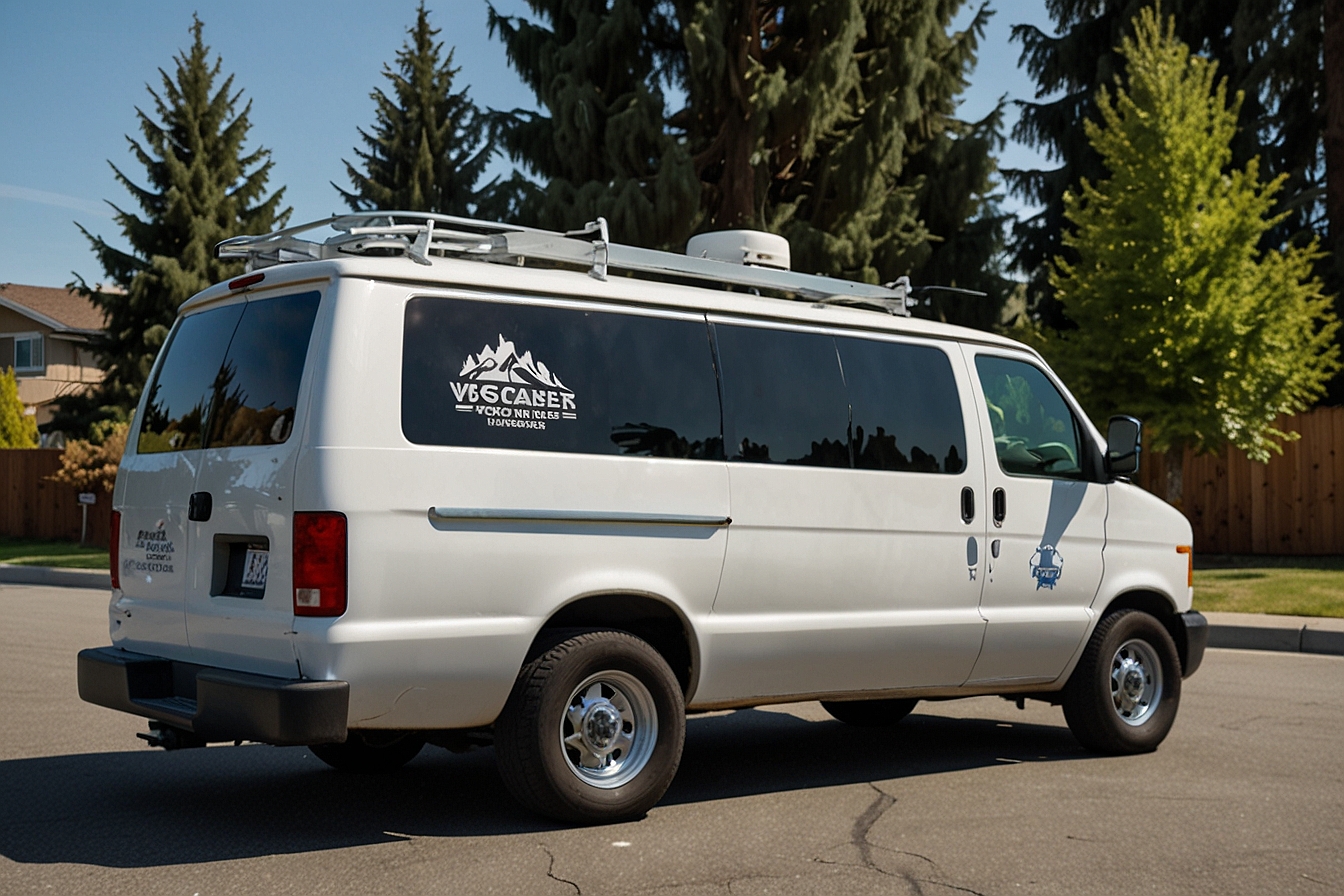 Mobile dog grooming van parked in a sunny residential neighborhood