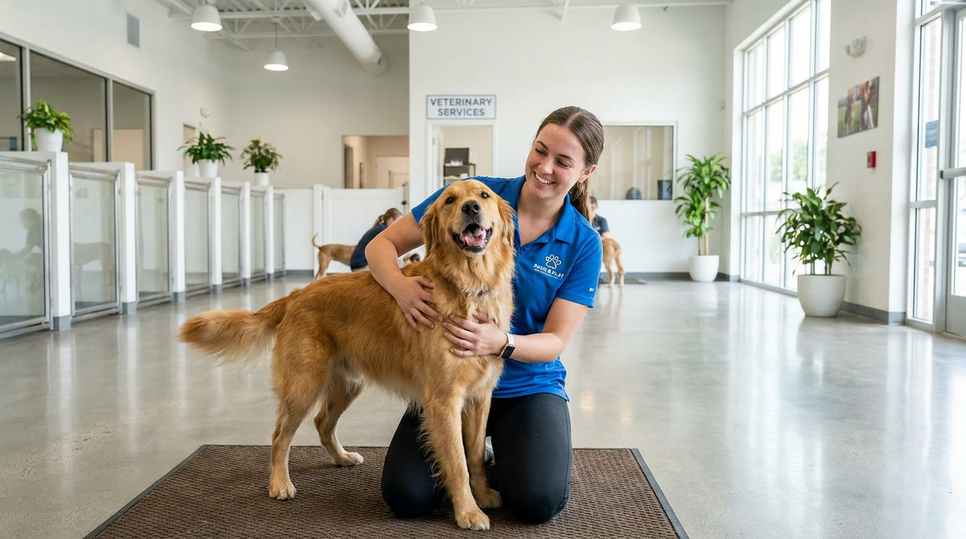 Dog walker meeting with a golden retriever for a Nashville dog walking service