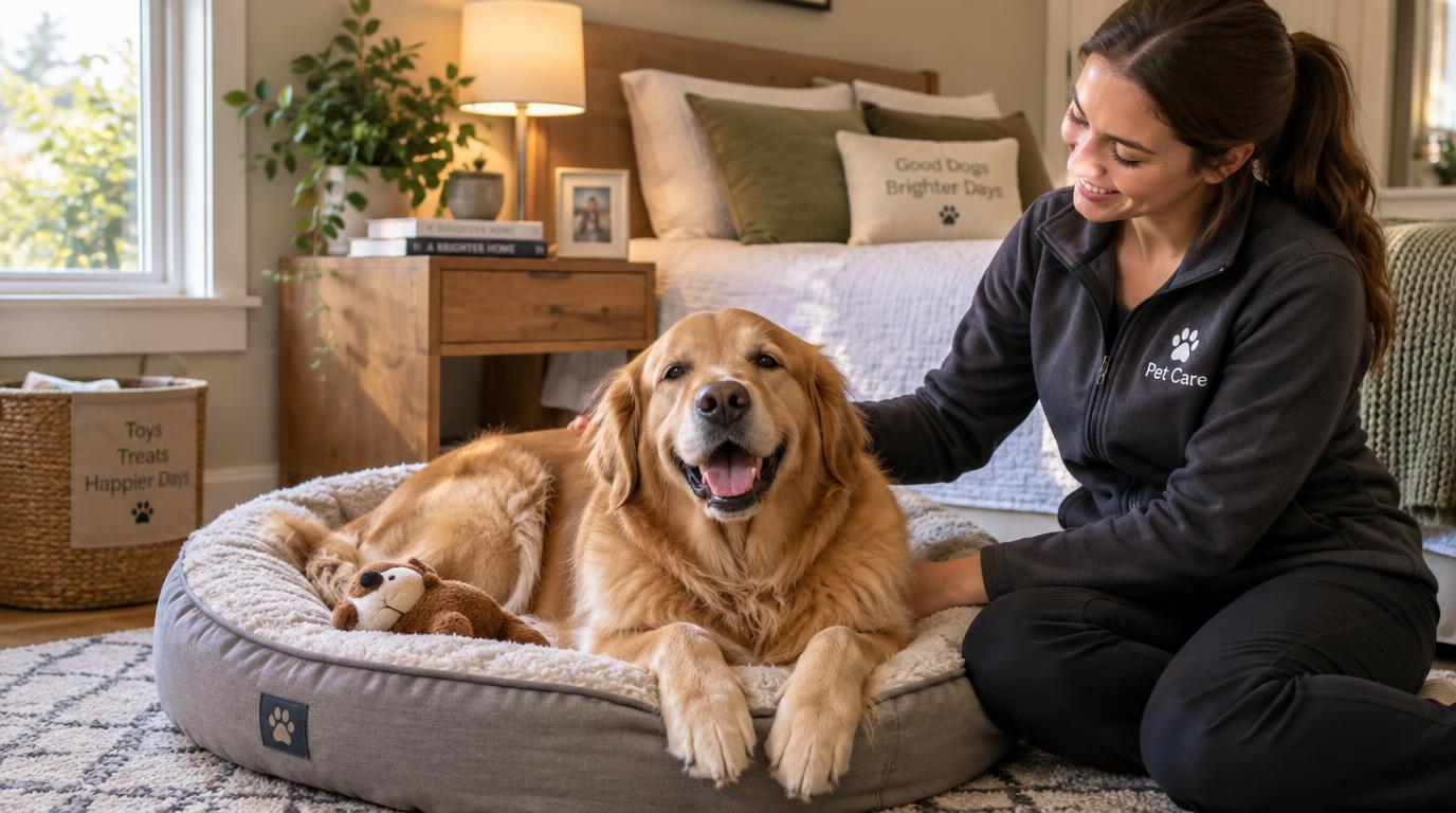 Happy dog relaxing at home with pet sitter — HeiBob