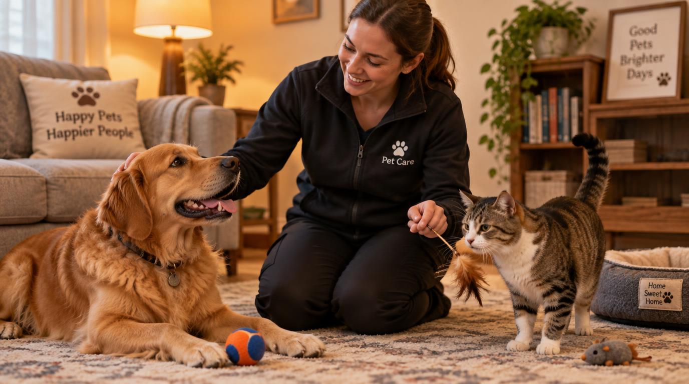 Pet sitter visiting home with happy dog and cat — HeiBob