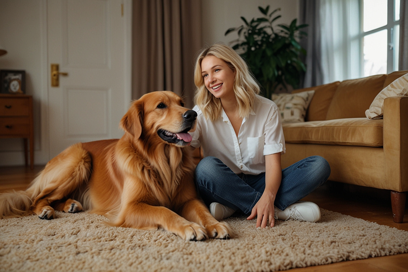 Friendly pet sitter with golden retriever at home — HeiBob