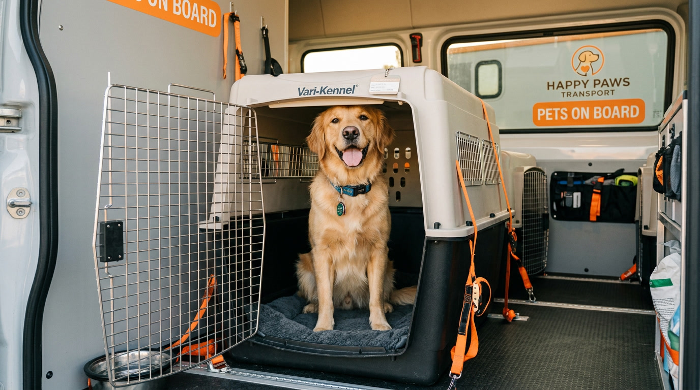 Dog in airline-approved travel crate for pet transport service — HeiBob