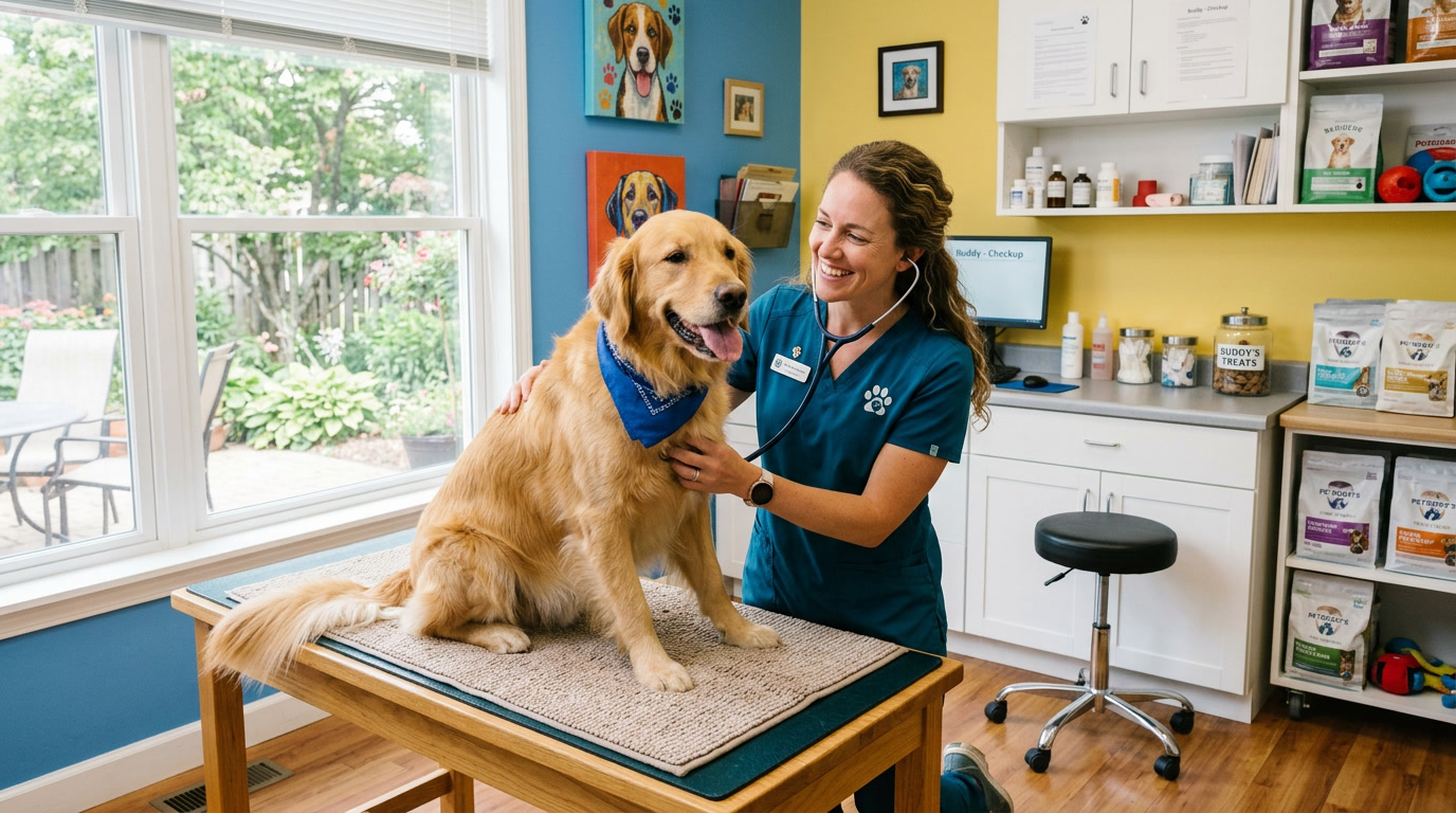 Friendly veterinarian giving routine checkup to happy dog at regular vet clinic — HeiBob